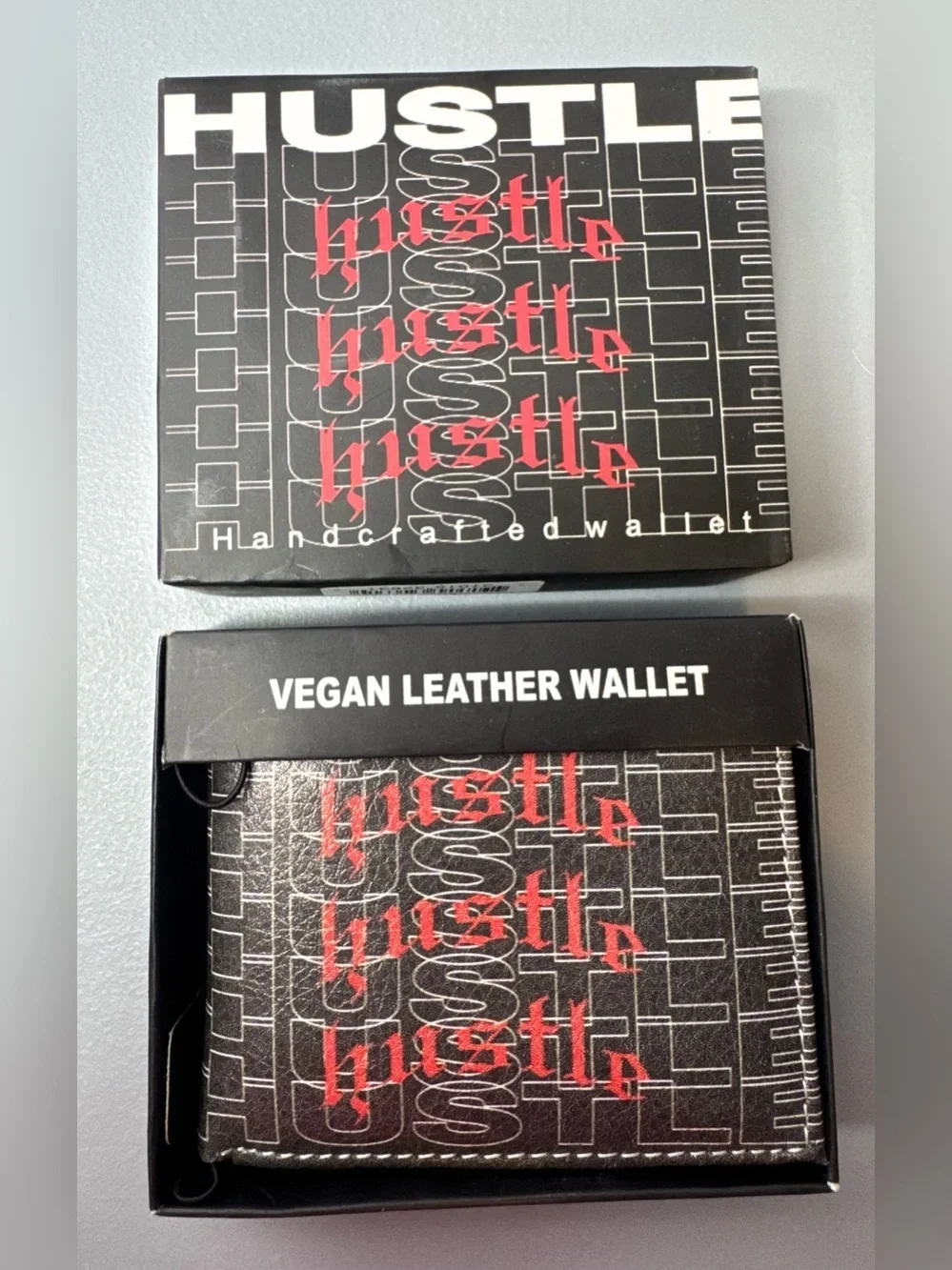 Hustle Vegan Leather Wallet - Black with Red Graphic multi compartment gift box